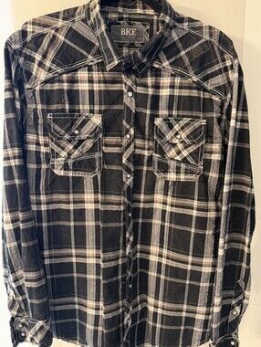 BKE Athletic Fit Pearl Snap Plaid Western Shirt Men’s XL Black Gray Cotton